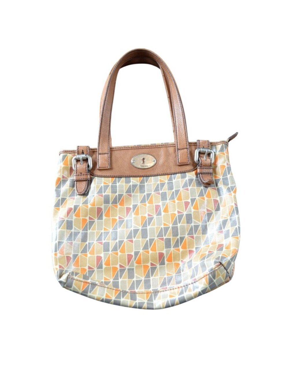 Fossil KeyPer Calypso Shoulder Bag Tote Geometric Coated Canvas Brown Leather